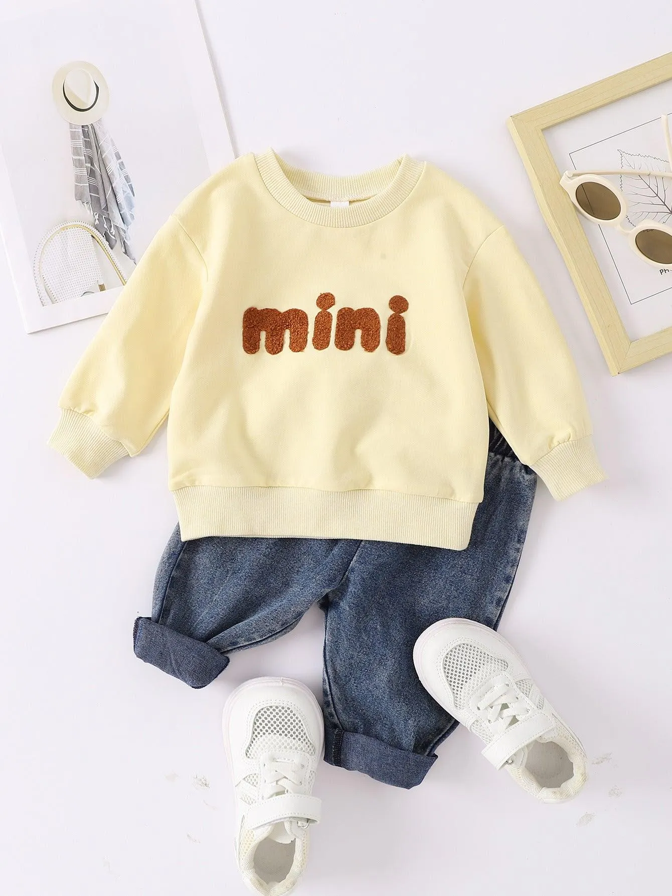 Boys And Girls Casual Letter Print Pullover Sweater Jeans Two-piece Set