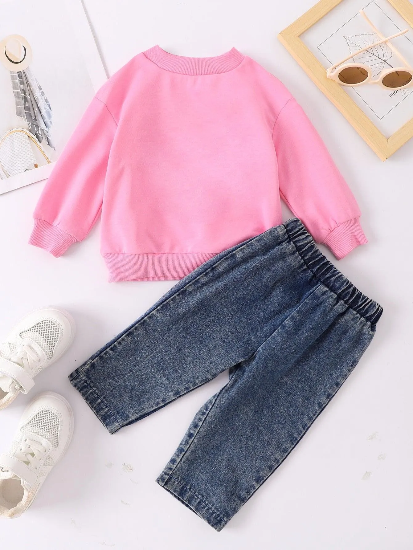 Boys And Girls Casual Letter Print Pullover Sweater Jeans Two-piece Set