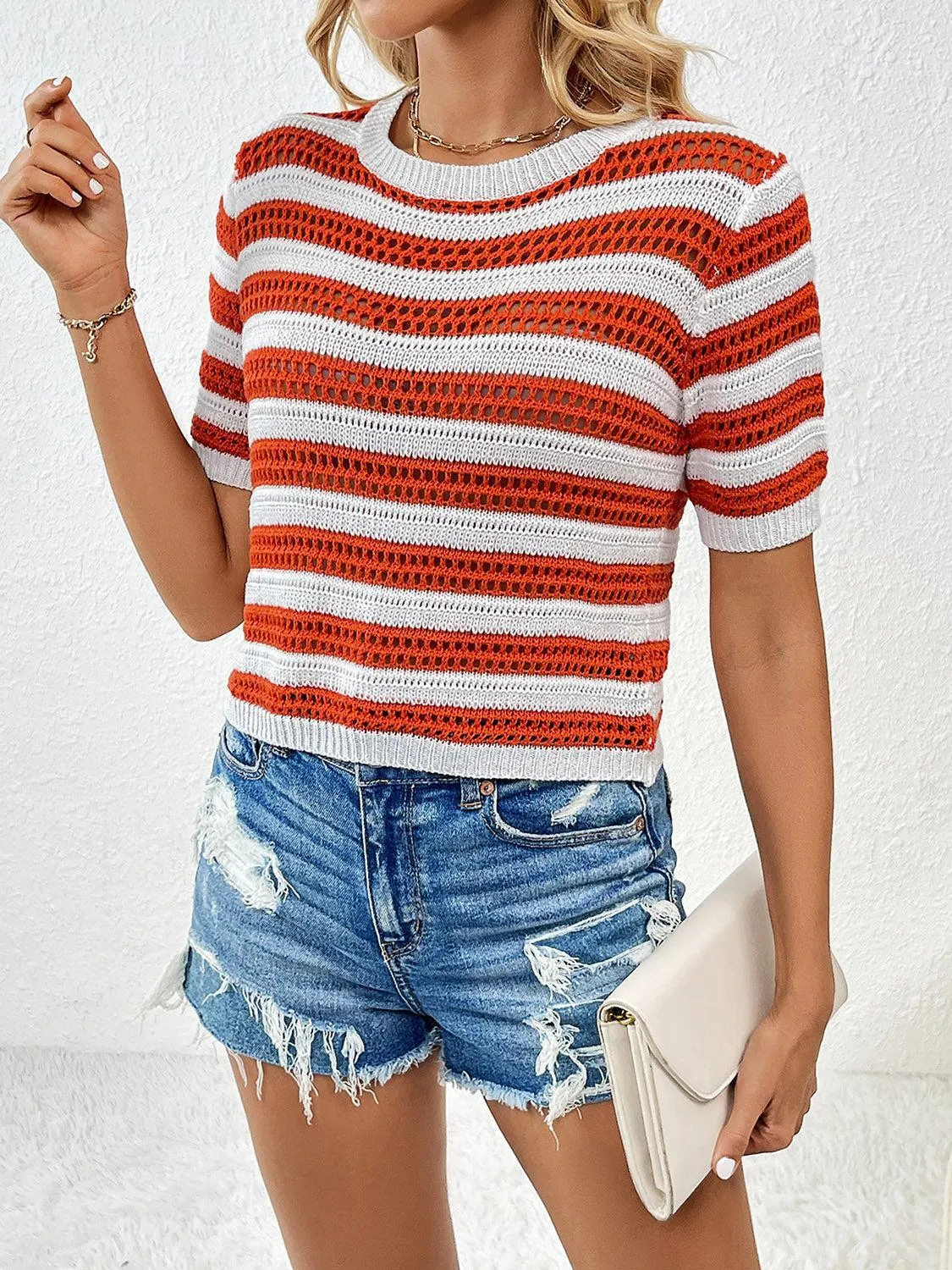Breathable Striped Short Sleeve Open Knit Top