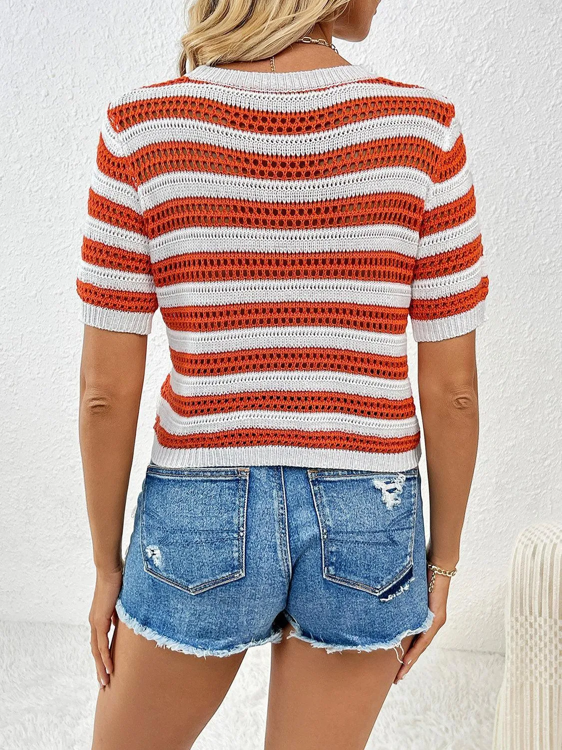 Breathable Striped Short Sleeve Open Knit Top