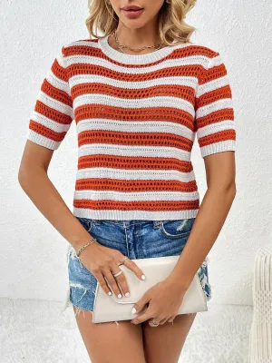 Breathable Striped Short Sleeve Open Knit Top