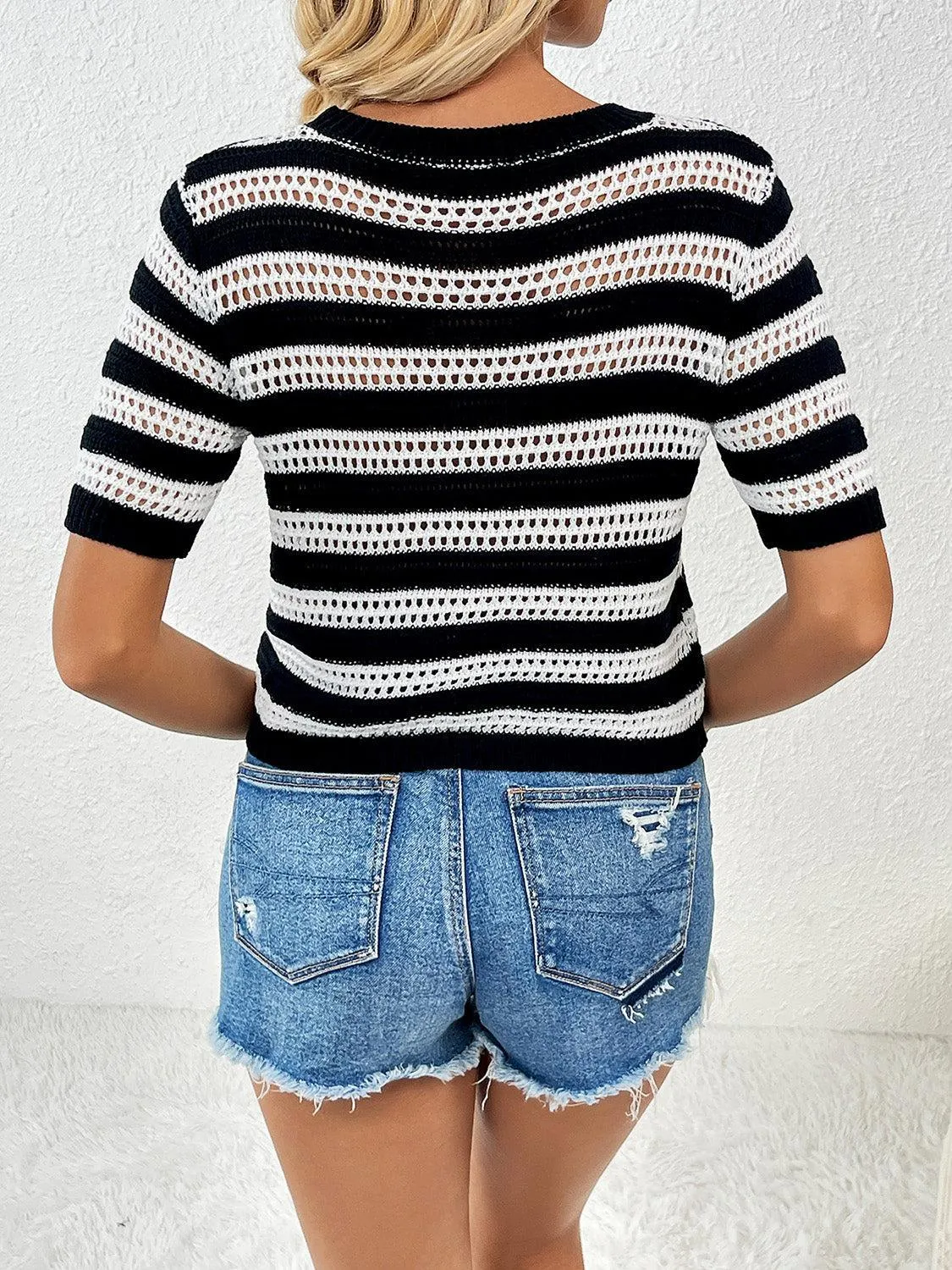 Breathable Striped Short Sleeve Open Knit Top
