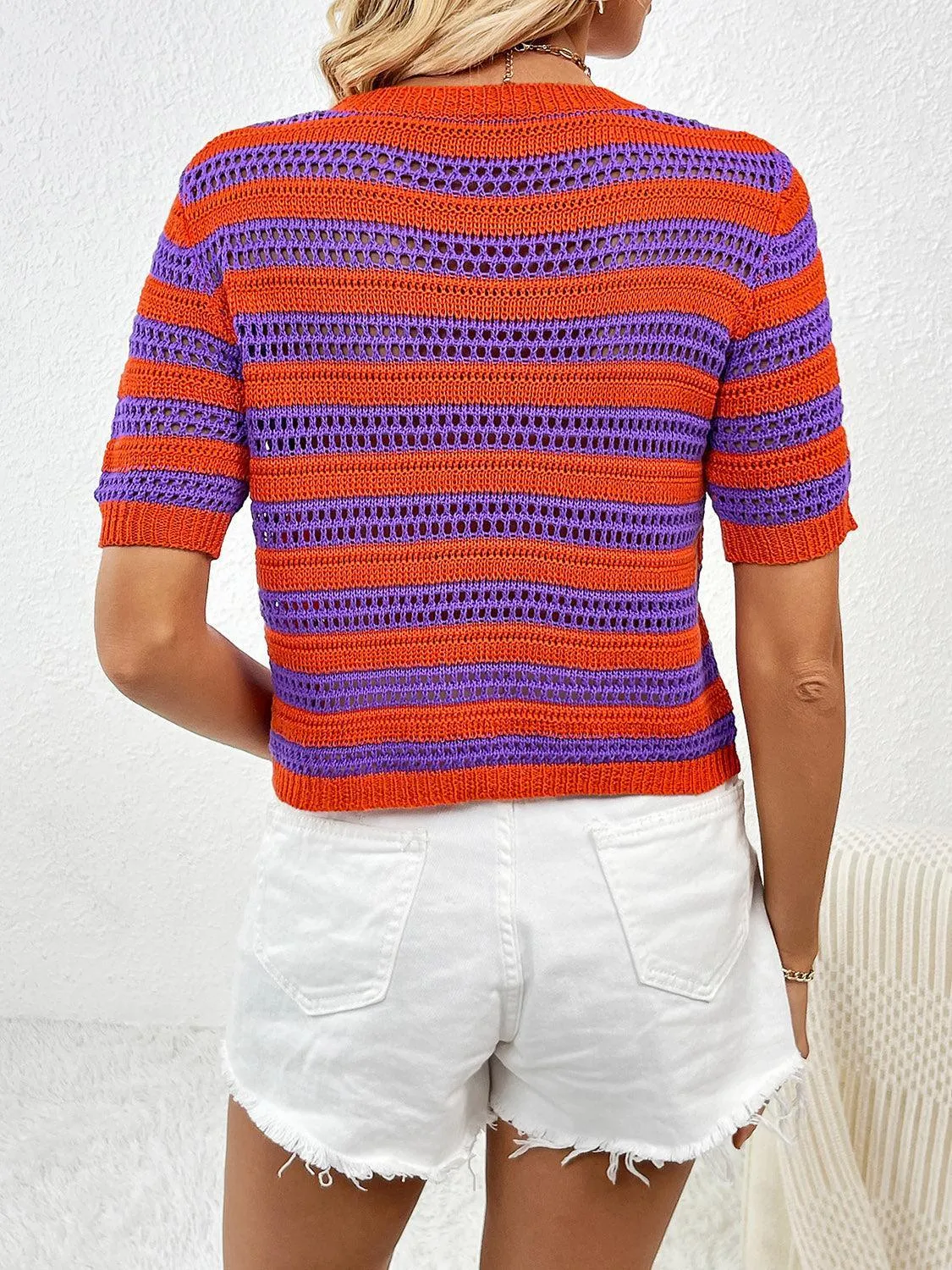 Breathable Striped Short Sleeve Open Knit Top