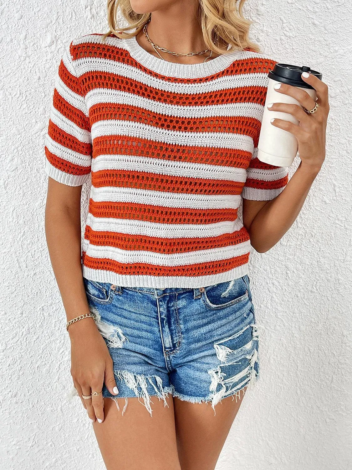 Breathable Striped Short Sleeve Open Knit Top