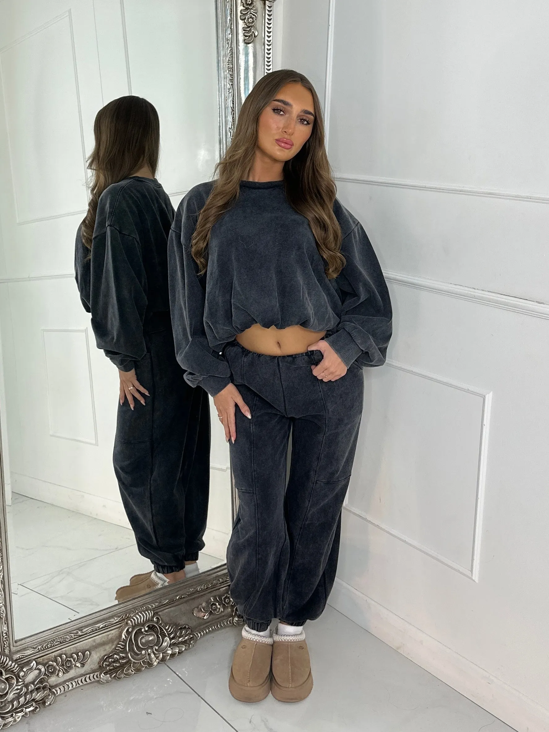 Bubble Hem Sweatshirt & Joggers Tracksuit - Acid Charcoal