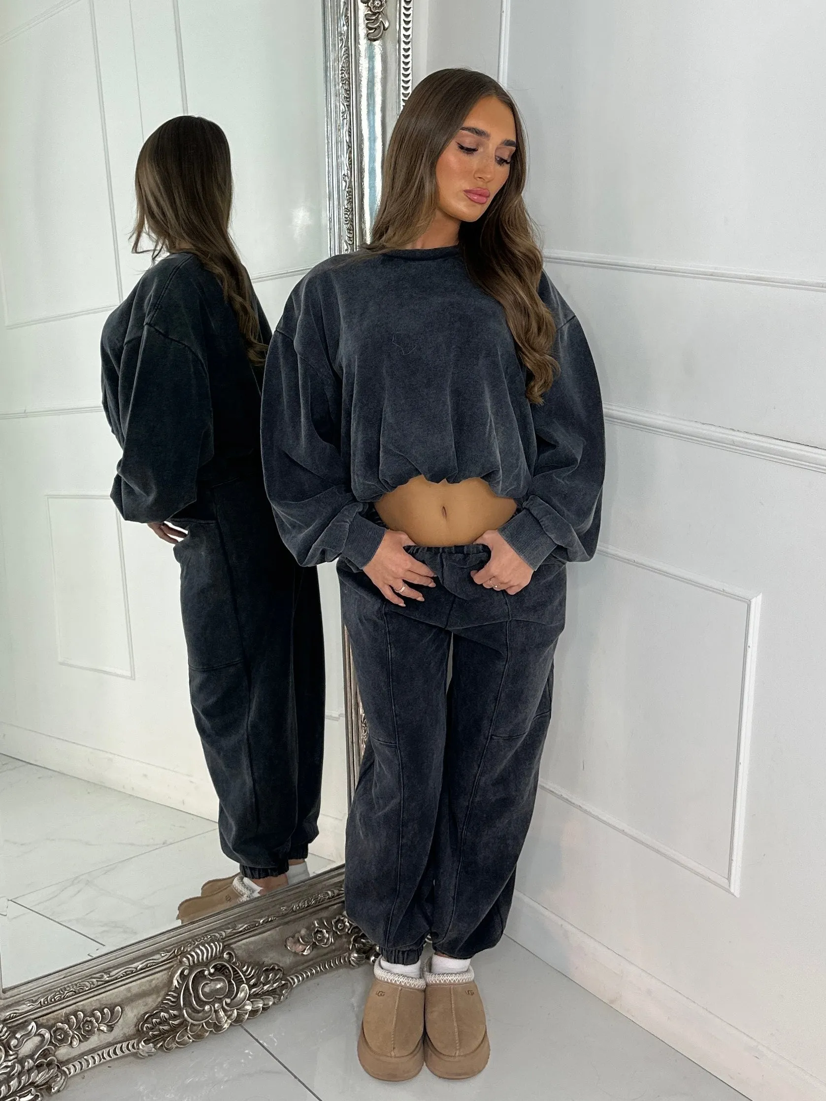 Bubble Hem Sweatshirt & Joggers Tracksuit - Acid Charcoal