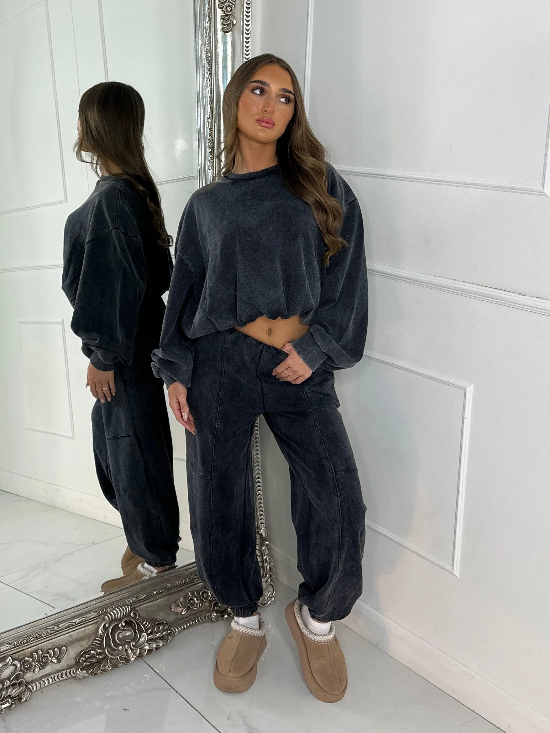 Bubble Hem Sweatshirt & Joggers Tracksuit - Acid Charcoal