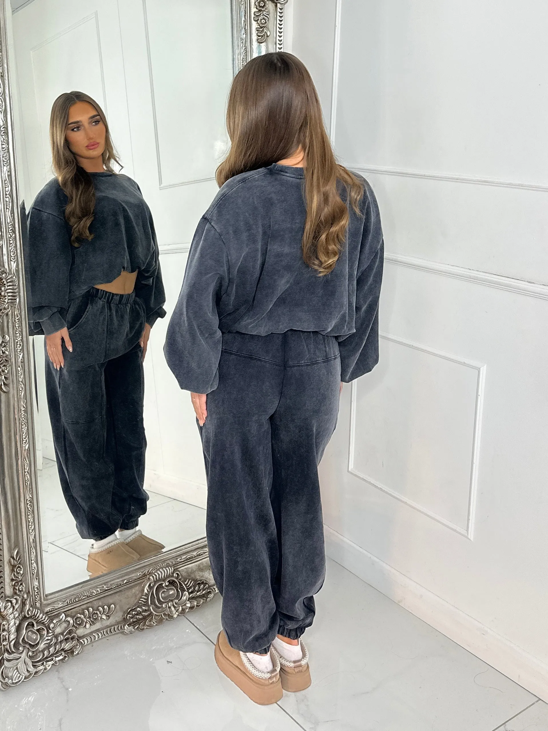Bubble Hem Sweatshirt & Joggers Tracksuit - Acid Charcoal