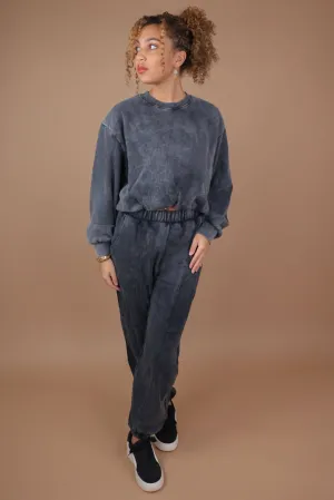 Charcoal Acid Wash Bubble Hem Sweatshirt & Joggers Tracksuit