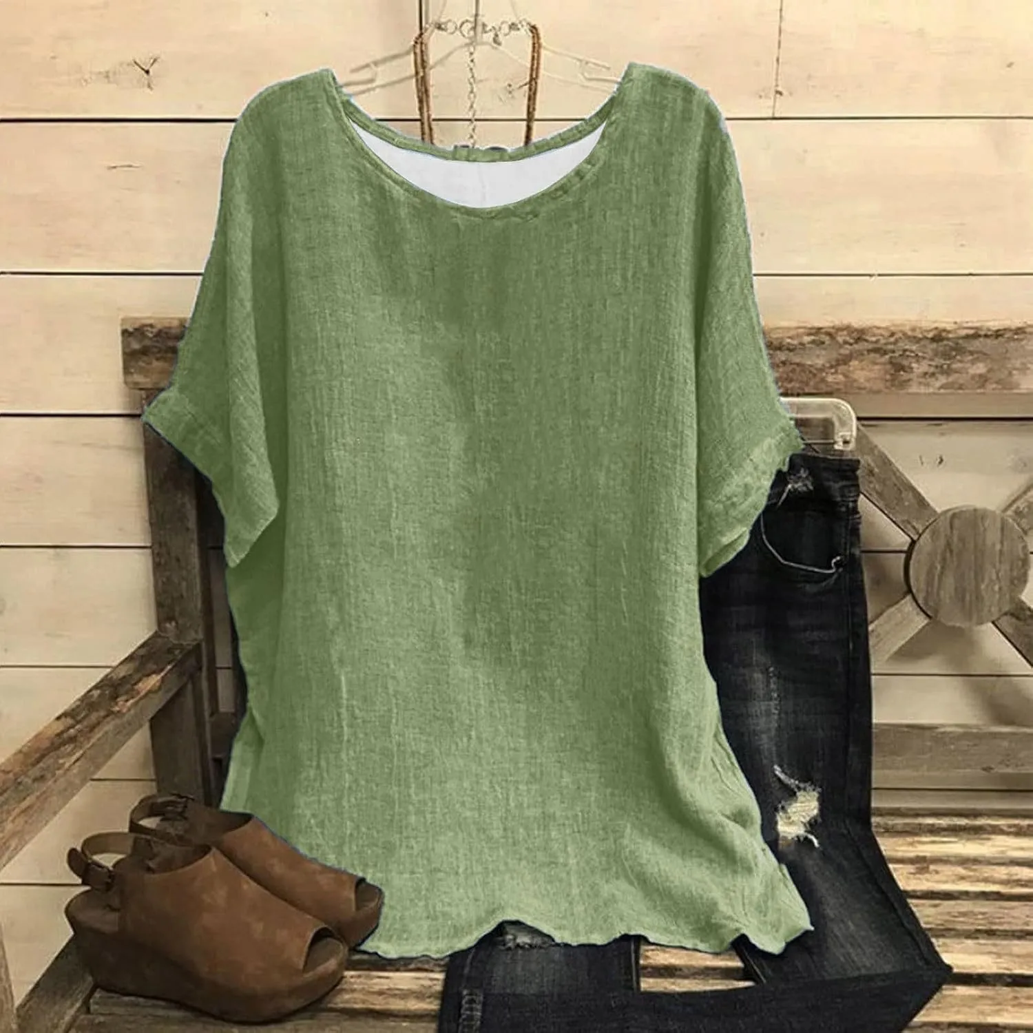 Cotton Linen Tops for Womens Loose Fit Casual Short Sleeve T-Shirt Retro Floral Print Blouse 2025 Summer Beach Clothes
