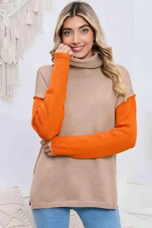Feel The Warmth Color Block Slit Turtleneck Sweater