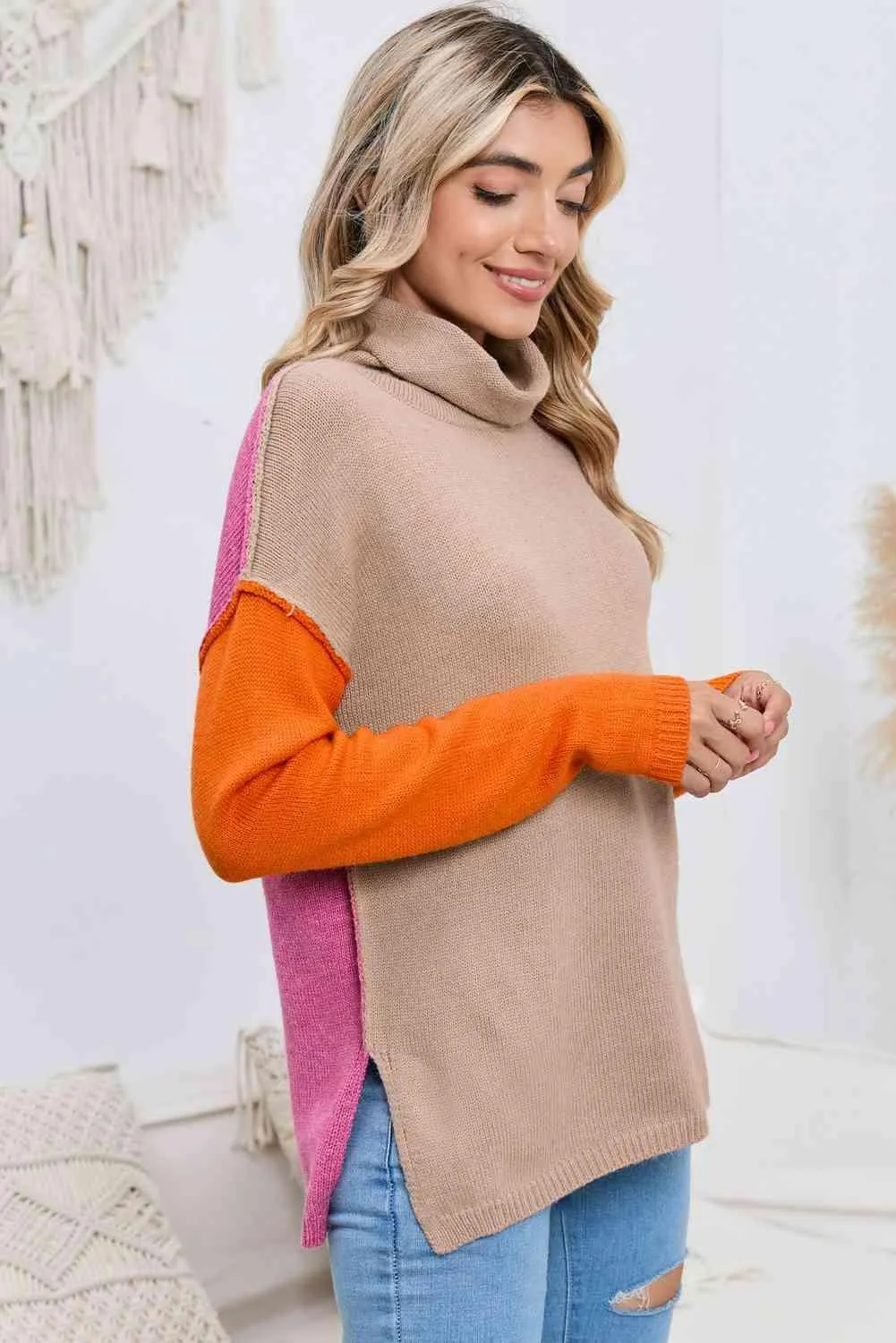 Feel The Warmth Color Block Slit Turtleneck Sweater
