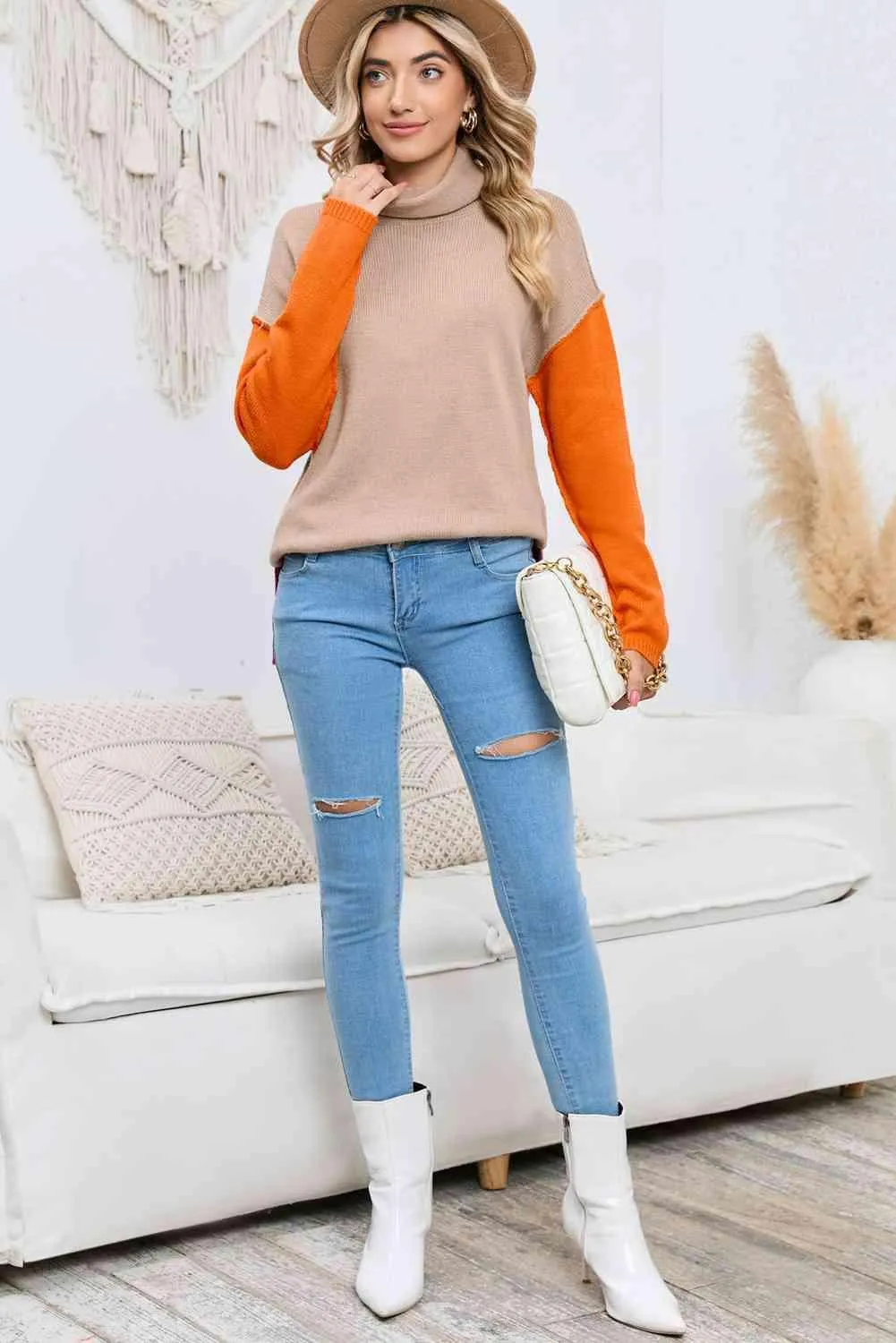 Feel The Warmth Color Block Slit Turtleneck Sweater