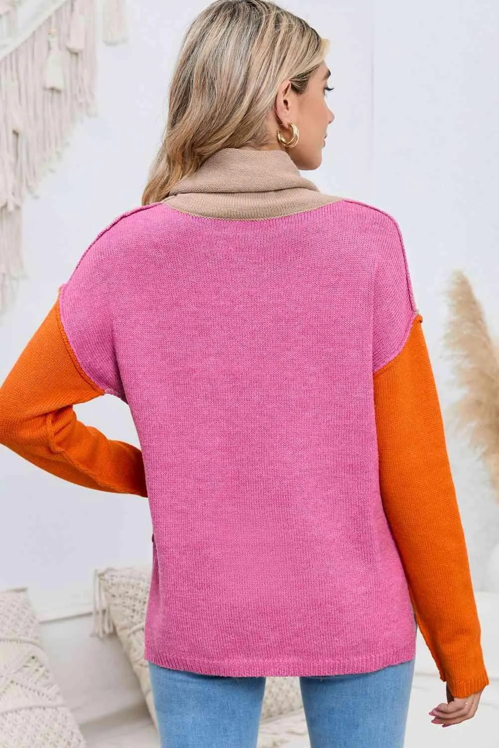 Feel The Warmth Color Block Slit Turtleneck Sweater