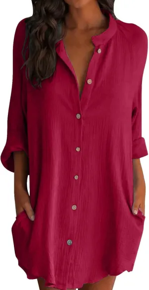 GOKKILRW Womens Cotton Linen T-Shirt Dresses Loose Button Down Long Sleeve Blouses Midi Dress Flowy Casual Summer Shirt Dress