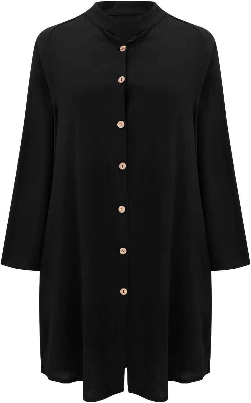 GOKKILRW Womens Cotton Linen T-Shirt Dresses Loose Button Down Long Sleeve Blouses Midi Dress Flowy Casual Summer Shirt Dress