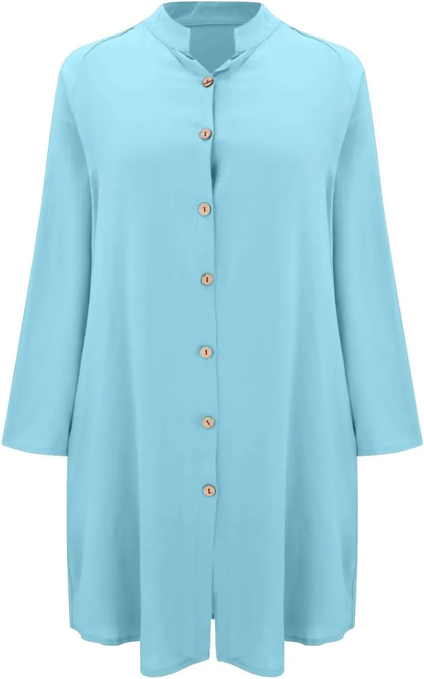 GOKKILRW Womens Cotton Linen T-Shirt Dresses Loose Button Down Long Sleeve Blouses Midi Dress Flowy Casual Summer Shirt Dress