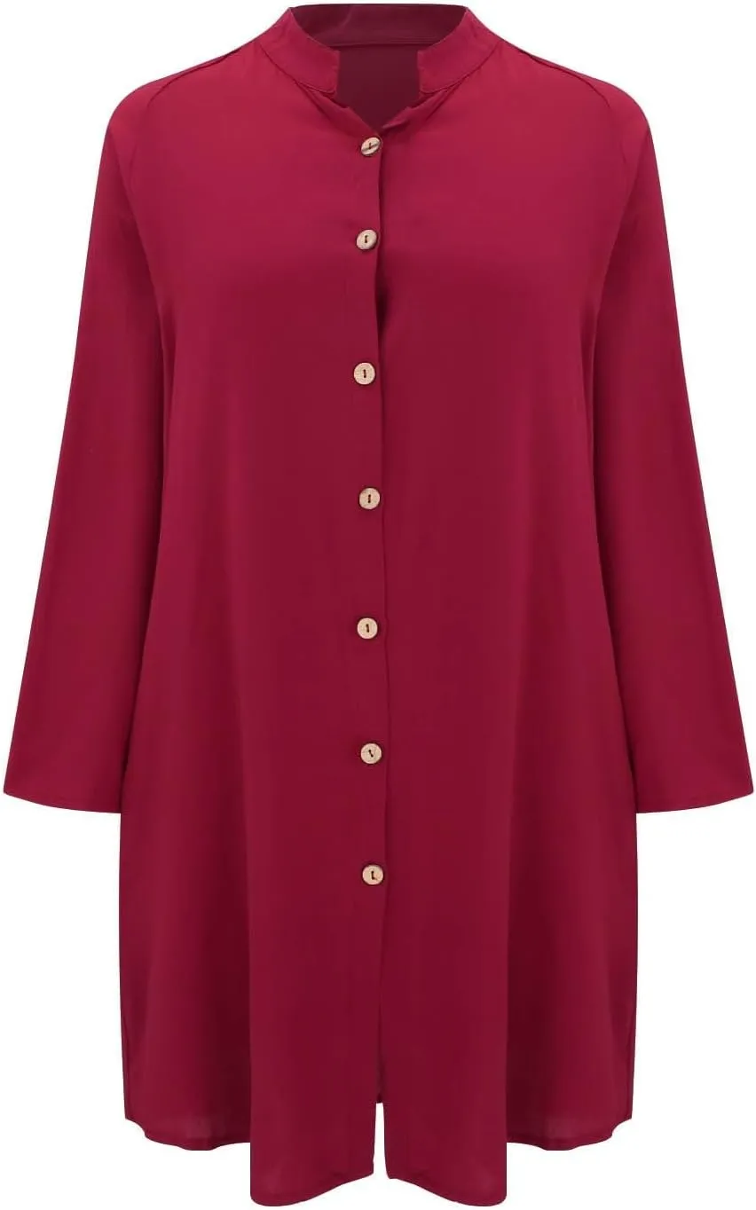 GOKKILRW Womens Cotton Linen T-Shirt Dresses Loose Button Down Long Sleeve Blouses Midi Dress Flowy Casual Summer Shirt Dress