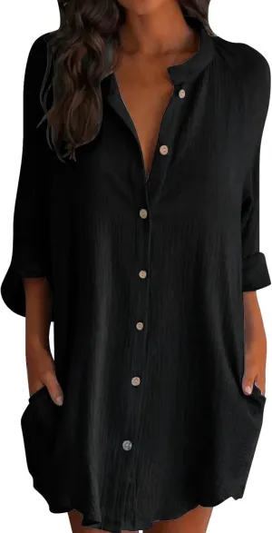 GOKKILRW Womens Cotton Linen T-Shirt Dresses Loose Button Down Long Sleeve Blouses Midi Dress Flowy Casual Summer Shirt Dress