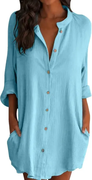 GOKKILRW Womens Cotton Linen T-Shirt Dresses Loose Button Down Long Sleeve Blouses Midi Dress Flowy Casual Summer Shirt Dress