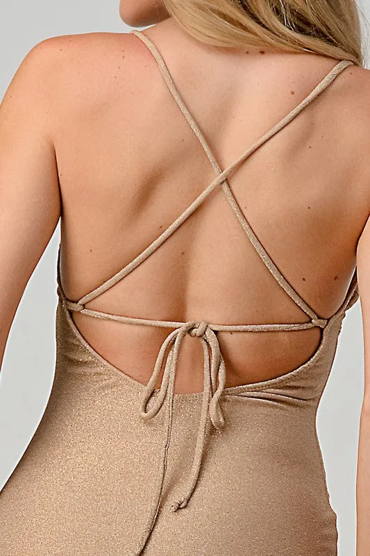 Gold Metallic Crossed Back Bodycon Mini Dress