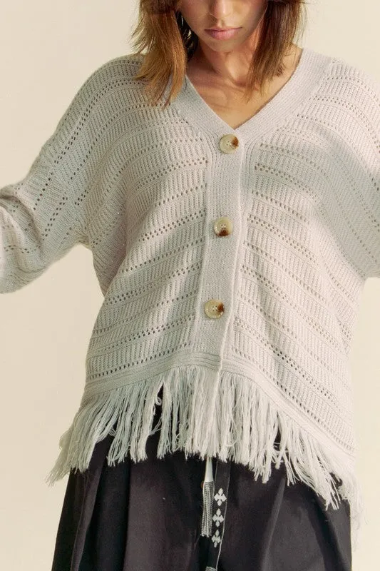 kesley Fringe V-Neck Button Up Long Sleeve Cardigan