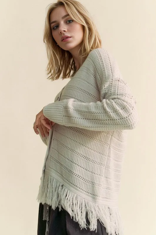 kesley Fringe V-Neck Button Up Long Sleeve Cardigan