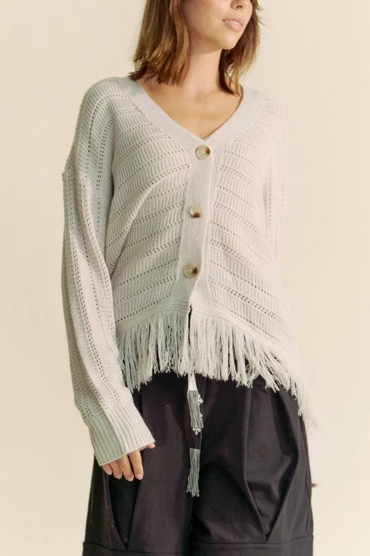 kesley Fringe V-Neck Button Up Long Sleeve Cardigan