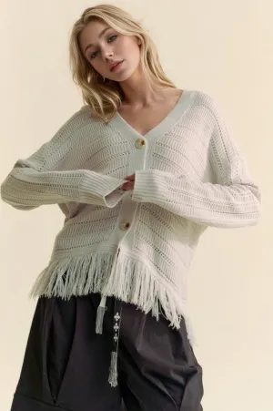 kesley Fringe V-Neck Button Up Long Sleeve Cardigan