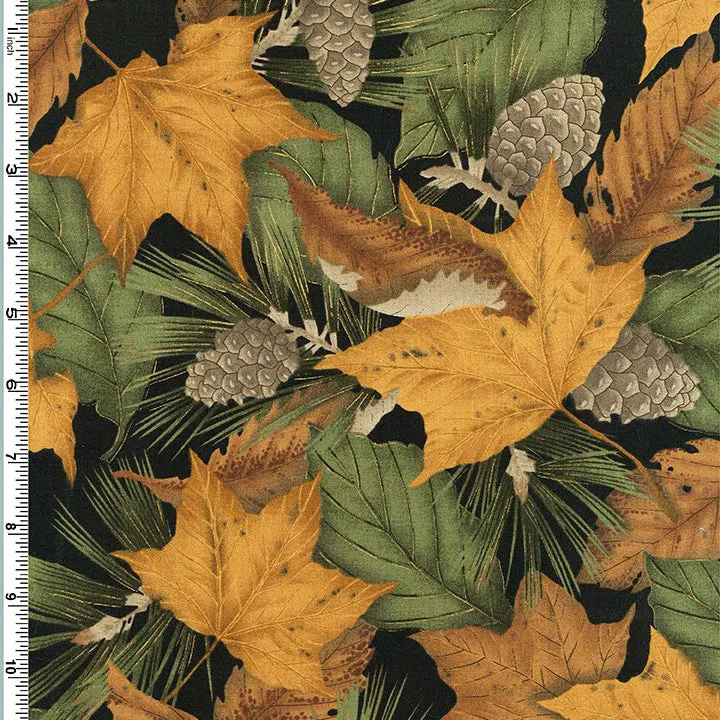 Kona Bay Fabrics Outdoor Pine Cone & Leaf on Black Cotton Prints