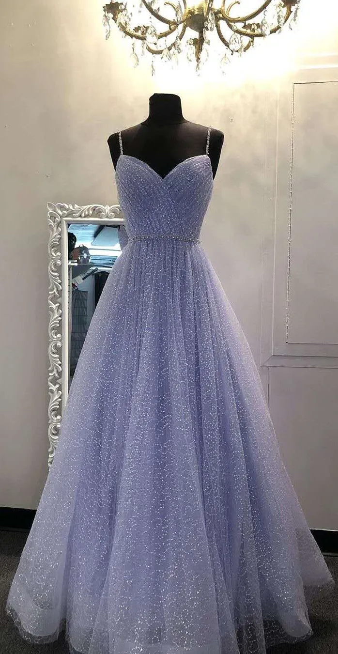 Lilac Sequin Tulle A-line Long Prom Dresses, 2020 Prom Dresses, Shiny Prom Dresses