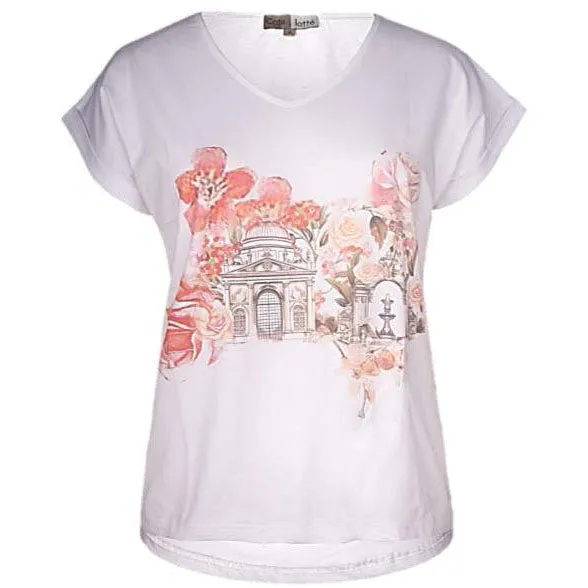 Motif Print V-Neck Tee - Floral Building