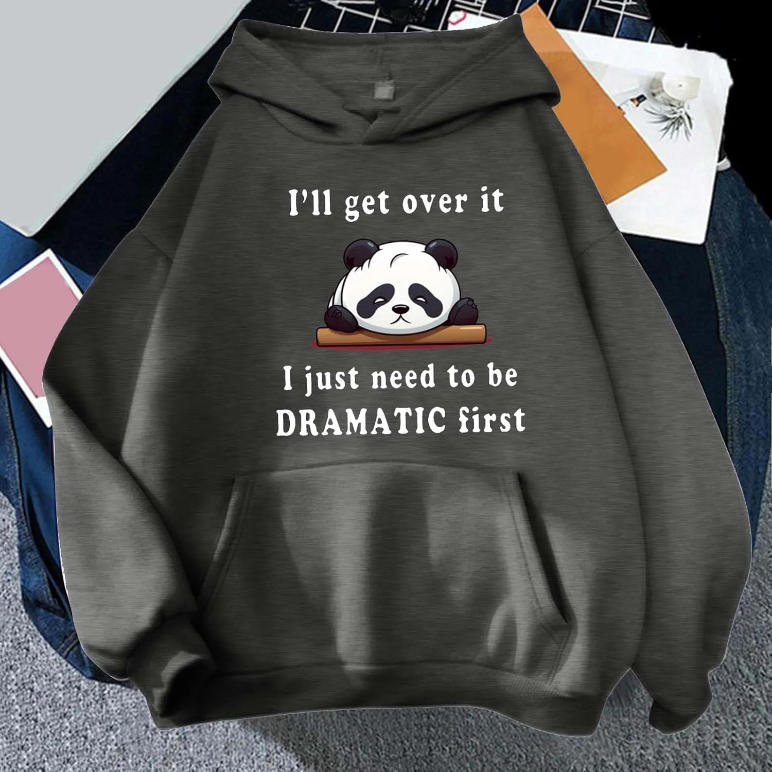 Oversized Hoodie for Teen Girls Cute Panda Letter Graphic Drawstring Hooded Sweatshirts I'll Get Over It Comfort Hoodies