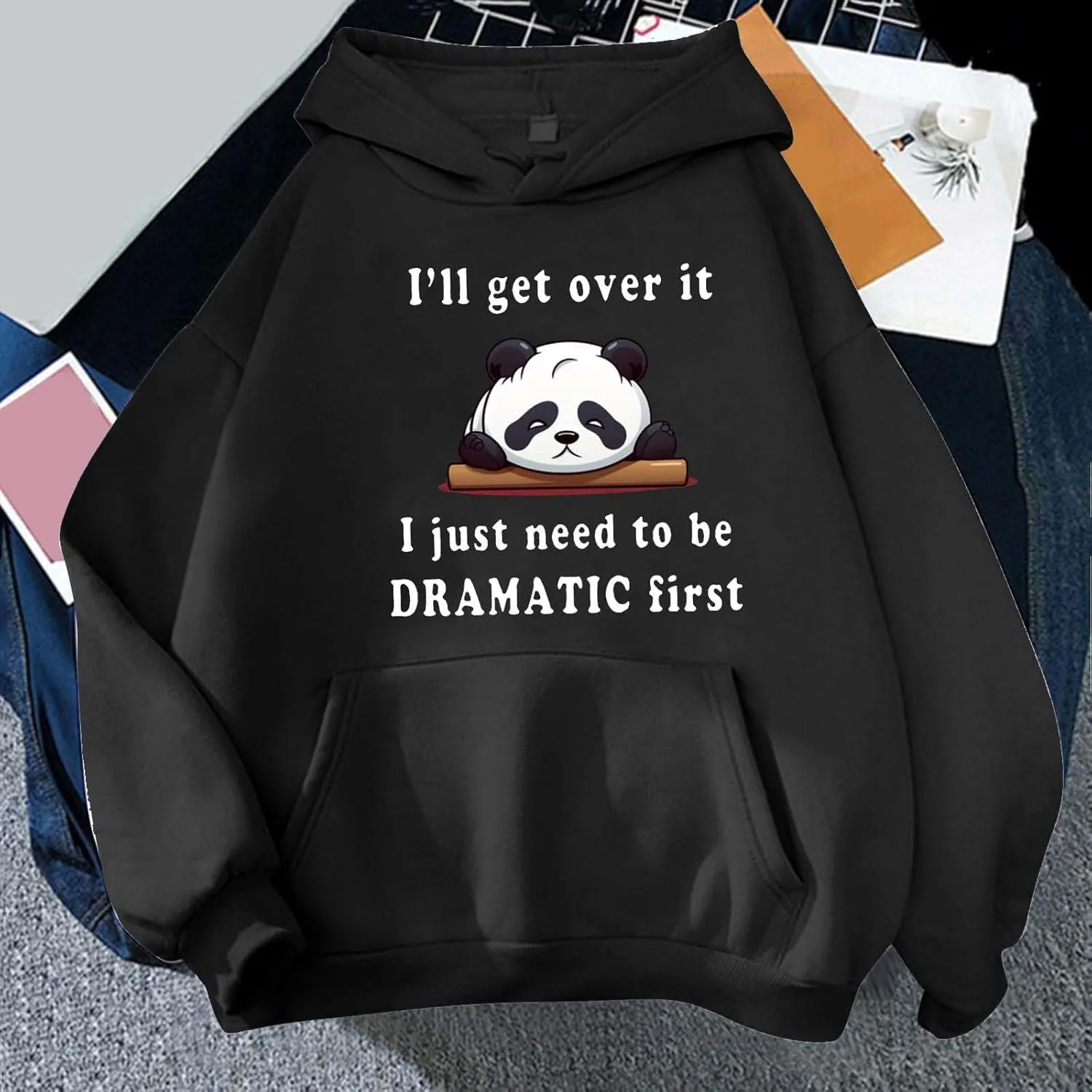 Oversized Hoodie for Teen Girls Cute Panda Letter Graphic Drawstring Hooded Sweatshirts I'll Get Over It Comfort Hoodies