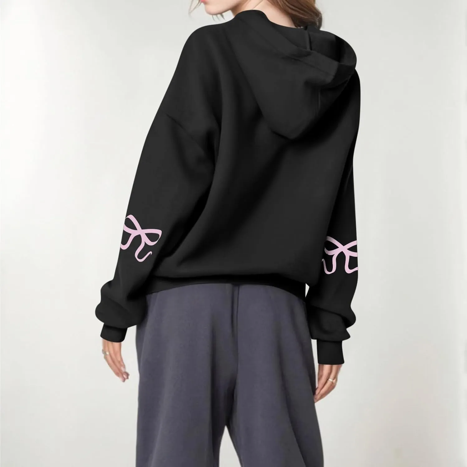 Oversized Hoodies for Women Cute Graphic Fleece Sweatshirts Comfy Y2k Bow Hoodie Drop Shoulder Pullover with Pockets