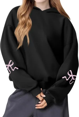 Oversized Hoodies for Women Cute Graphic Fleece Sweatshirts Comfy Y2k Bow Hoodie Drop Shoulder Pullover with Pockets