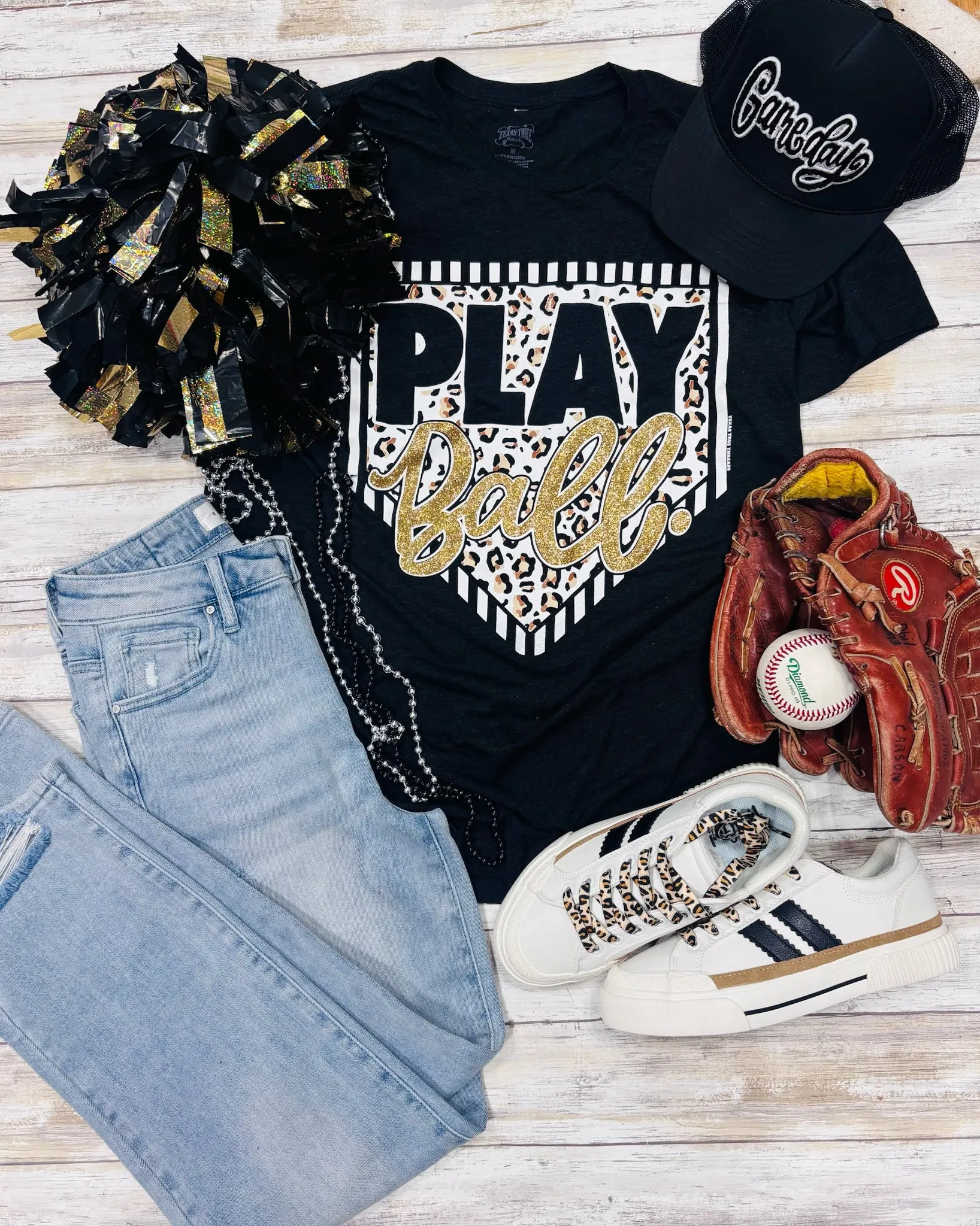 Play Ball Leopard Home Plate Tee with Glitter - Customizable