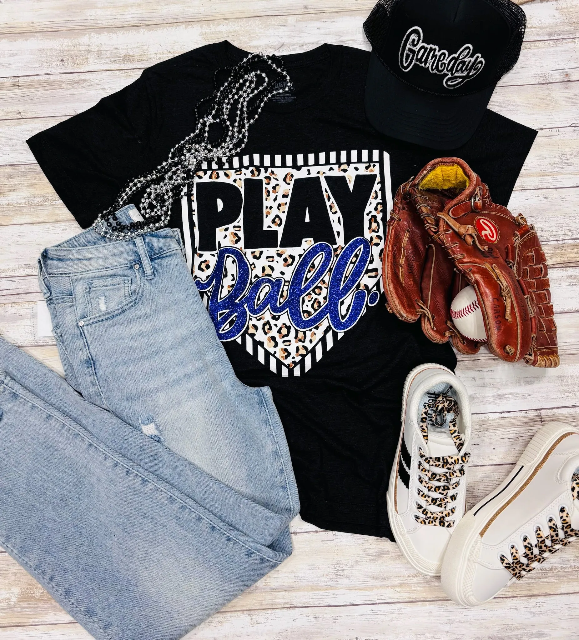 Play Ball Leopard Home Plate Tee with Glitter - Customizable