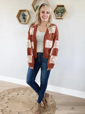 Reckless Flower Patches Checker Sweater Cardigan in Cinnamon and Oatmeal