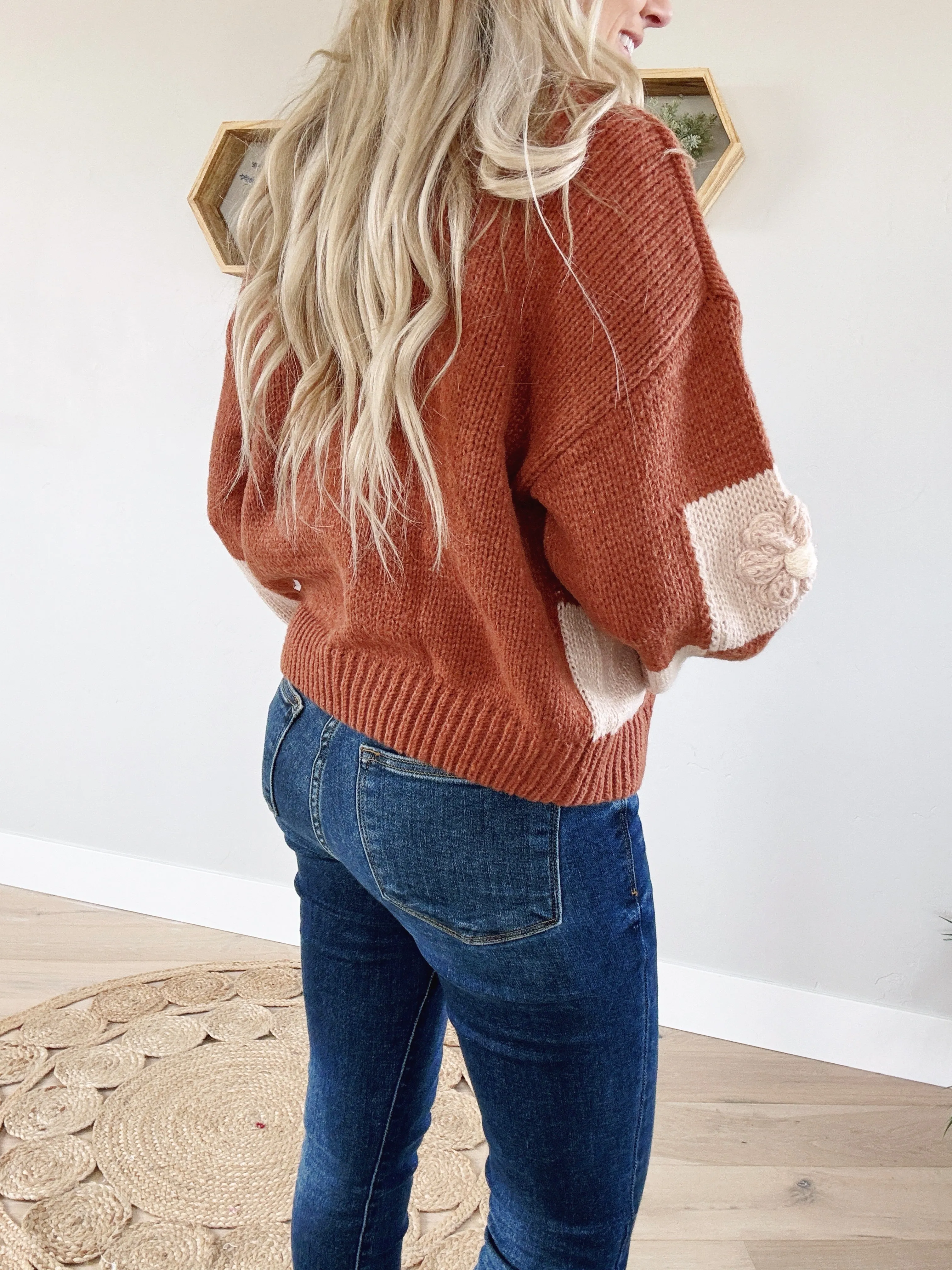Reckless Flower Patches Checker Sweater Cardigan in Cinnamon and Oatmeal