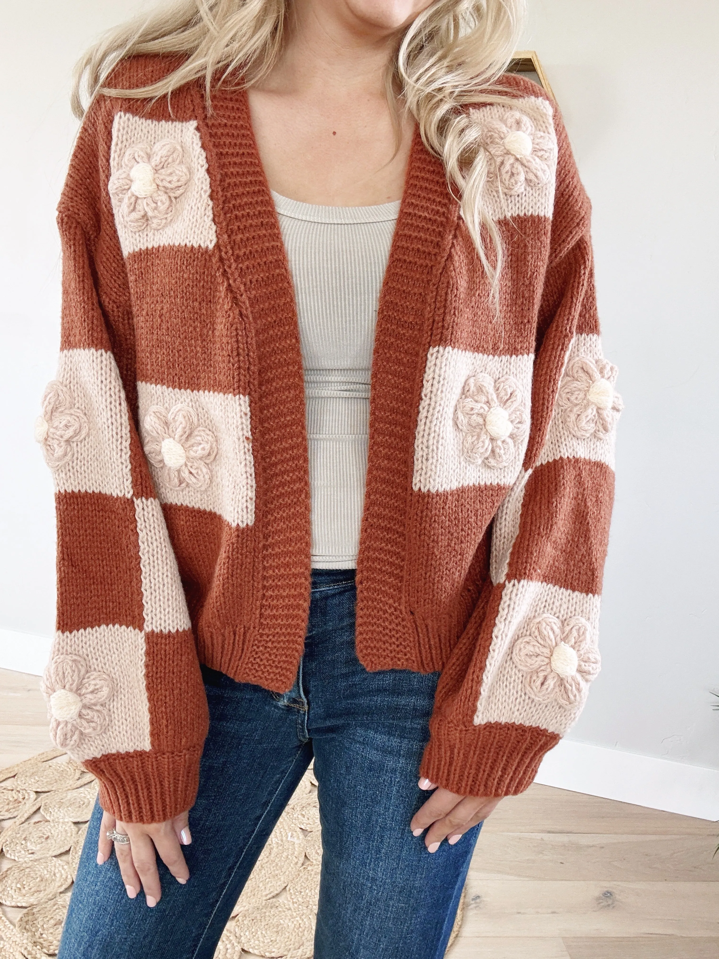 Reckless Flower Patches Checker Sweater Cardigan in Cinnamon and Oatmeal