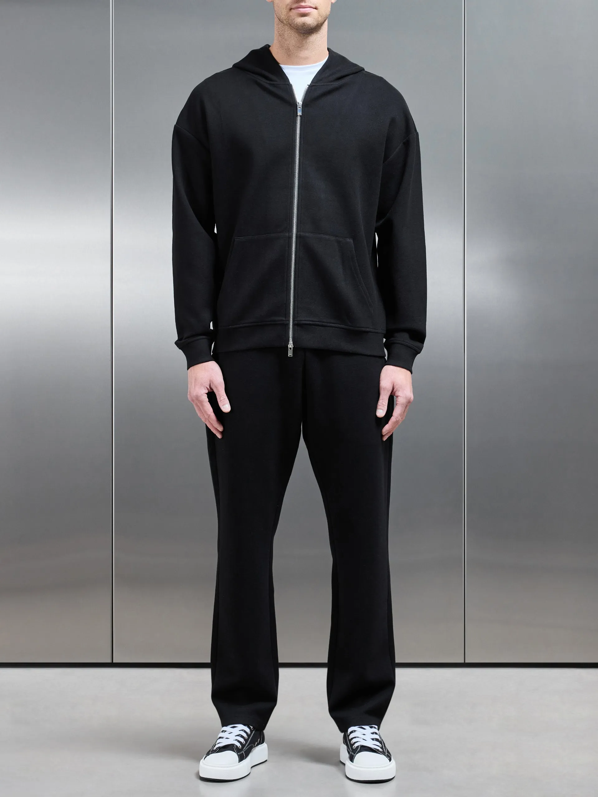 Relaxed Fit Knitted Zip Through Hoodie in Black