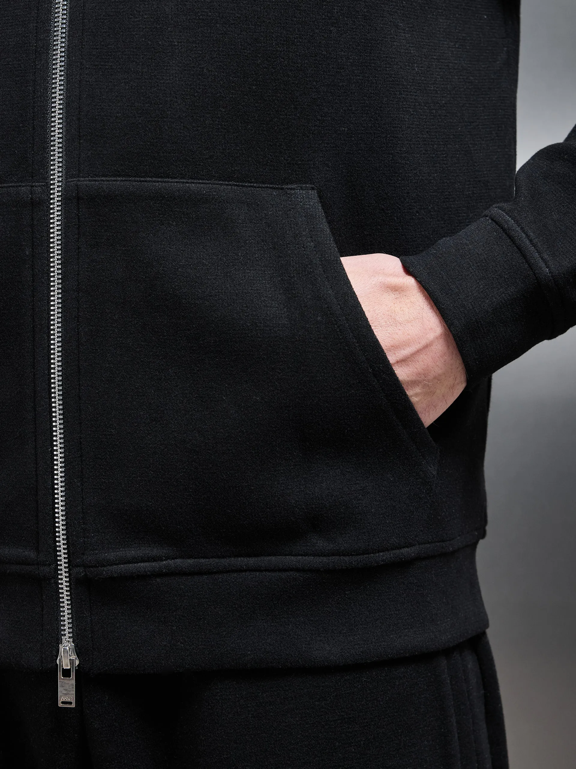 Relaxed Fit Knitted Zip Through Hoodie in Black