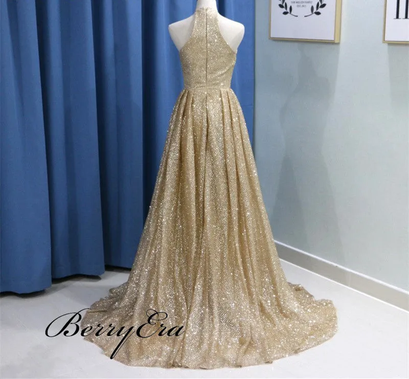 Shiny Long A-line Elegant Prom Dresses, Affordable Prom Dresses