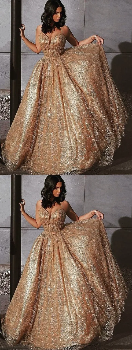 Shiny Long A-line Sequin Tulle Prom Dresses, Popular Prom Dresses, Prom Dresses