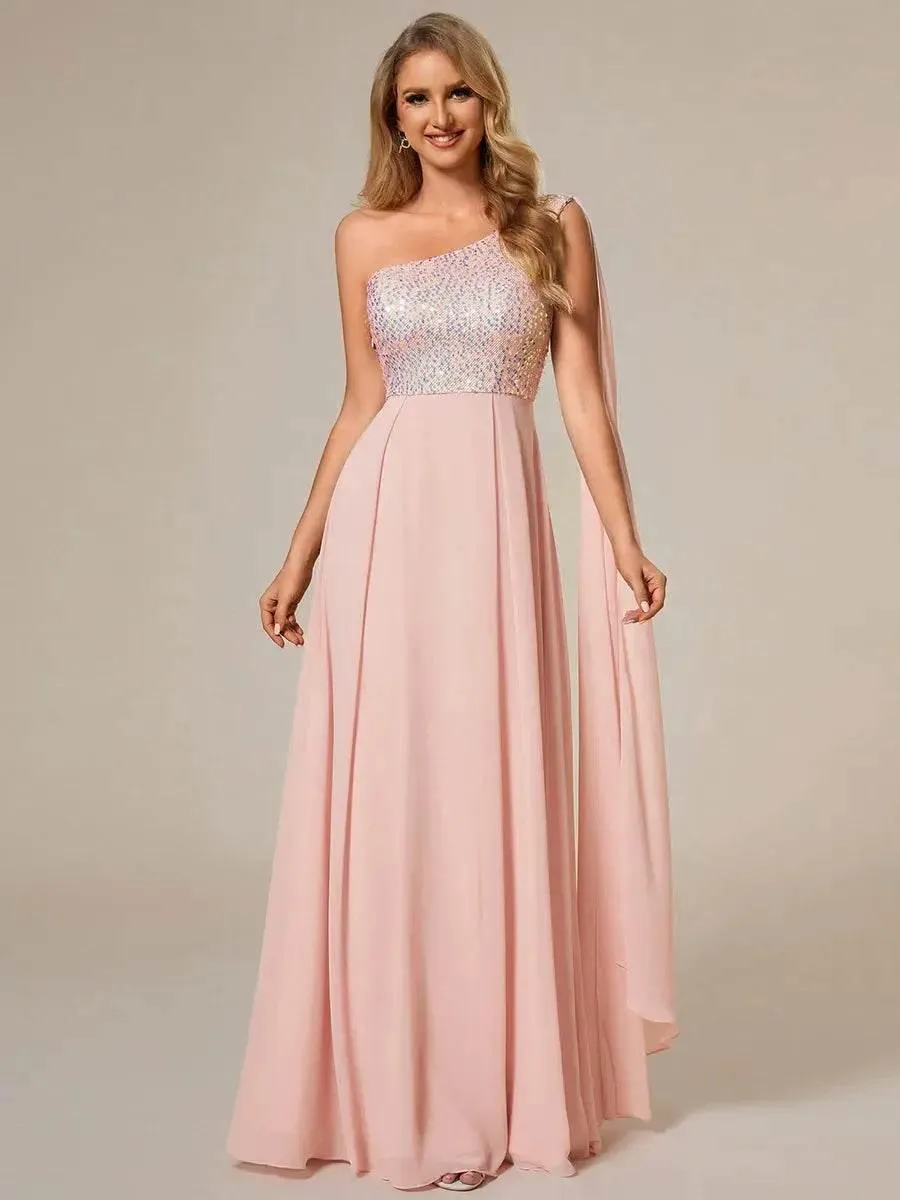 Shiny Sequin Chiffon One Shoulder Sleeveless Dresses