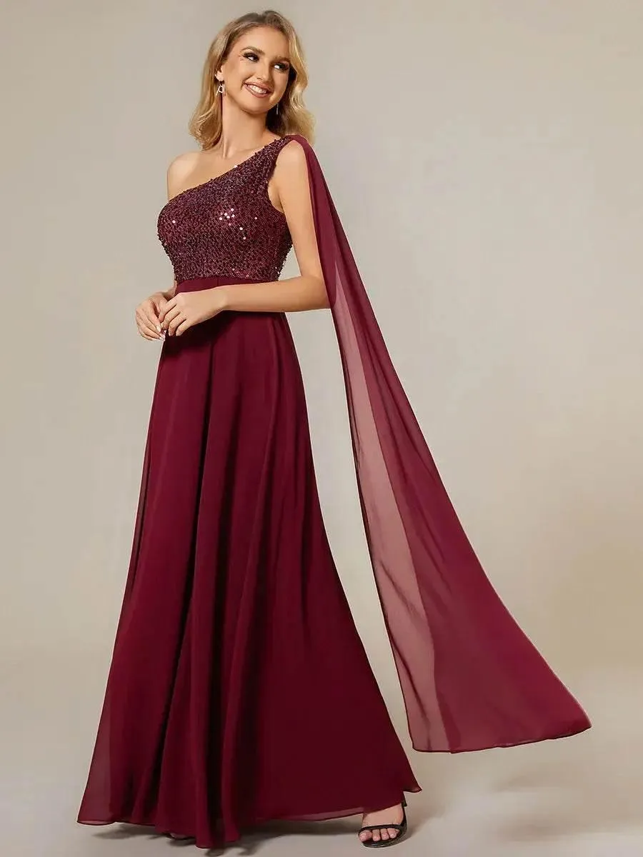 Shiny Sequin Chiffon One Shoulder Sleeveless Dresses