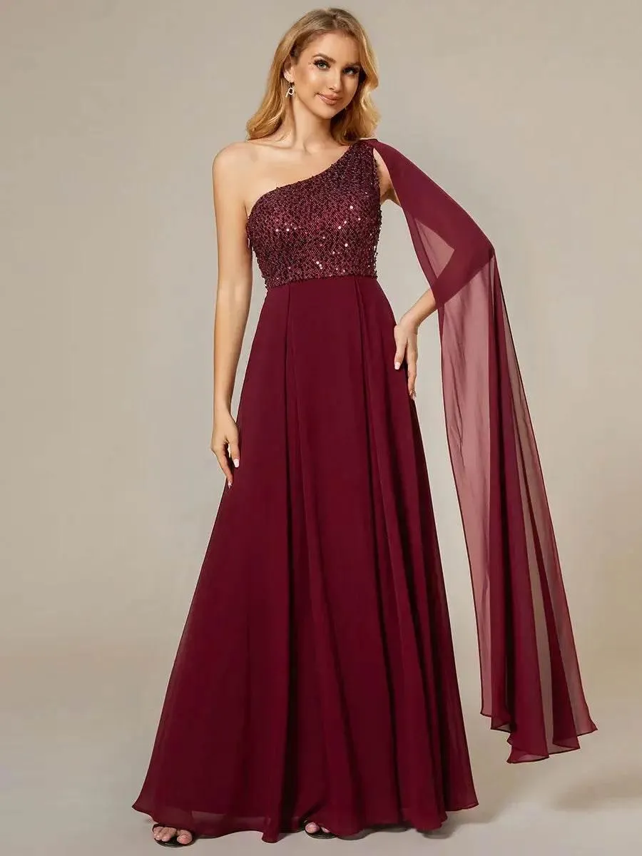 Shiny Sequin Chiffon One Shoulder Sleeveless Dresses