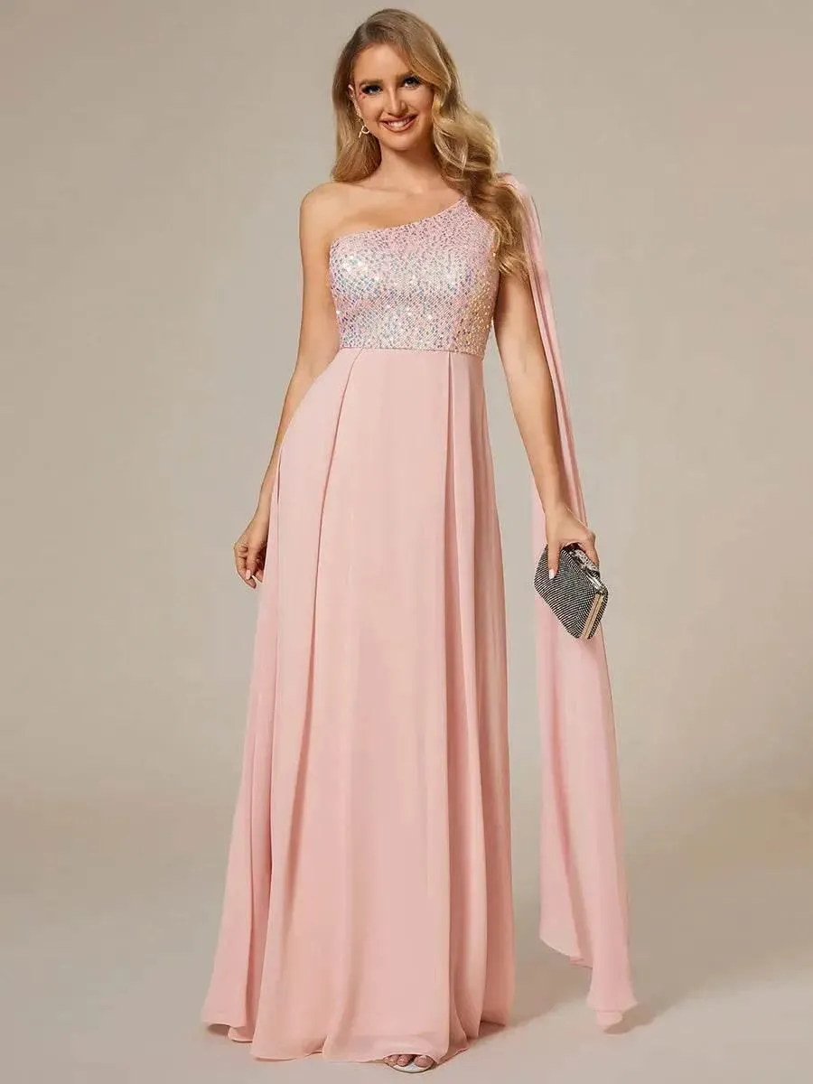 Shiny Sequin Chiffon One Shoulder Sleeveless Dresses