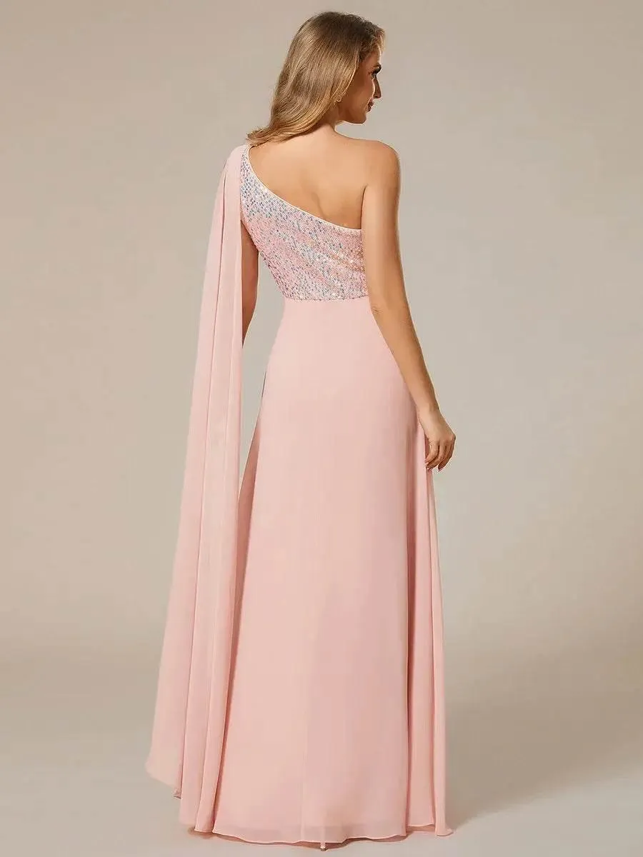 Shiny Sequin Chiffon One Shoulder Sleeveless Dresses